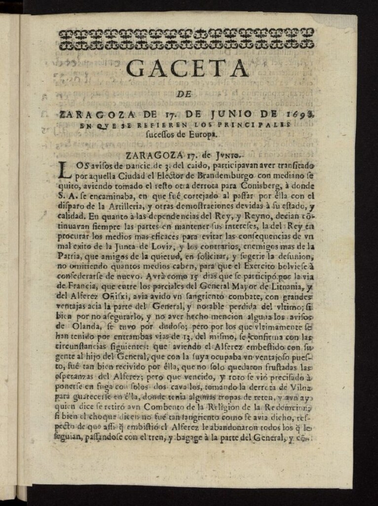 Miniatura de Gazeta de Zaragoza del 17 de junio de 1698