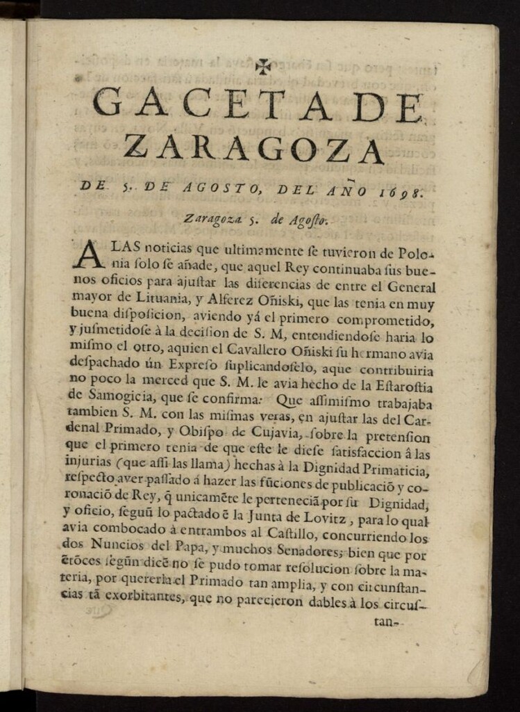 Miniatura de Gazeta de Zaragoza del 5 de agosto de 1698