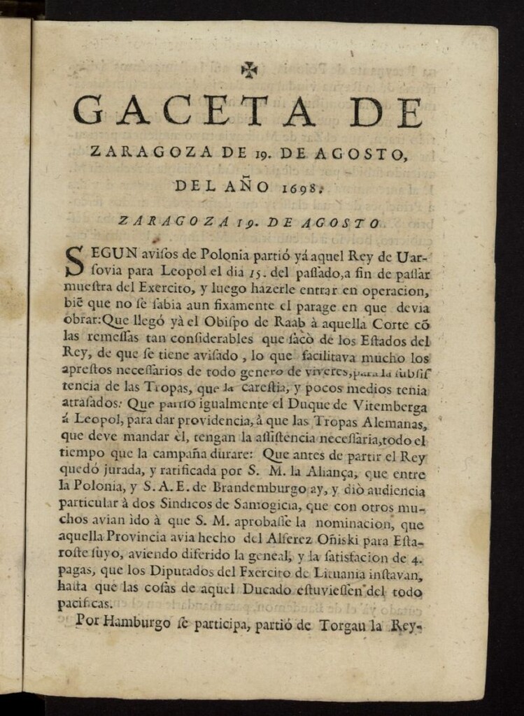 Miniatura de Gazeta de Zaragoza del 19 de agosto de 1698