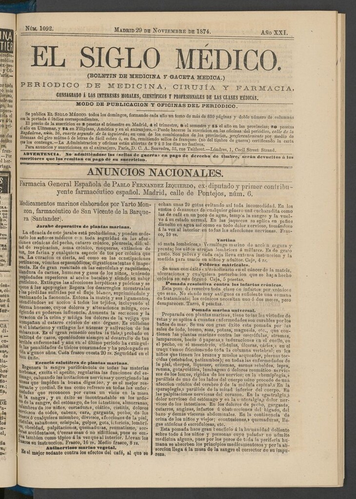 Miniatura de El Siglo Médico: boletín de medicina y gaceta médica del 29 de noviembre de 1874