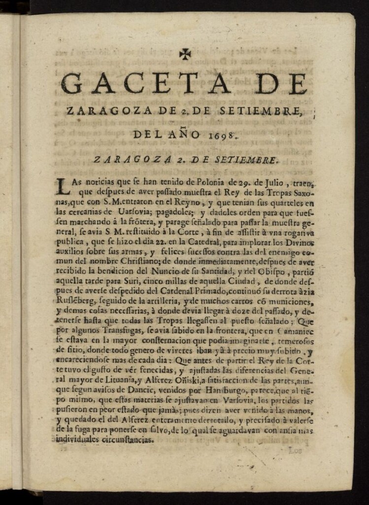 Miniatura de Gazeta de Zaragoza del 2 de septiembre de 1698