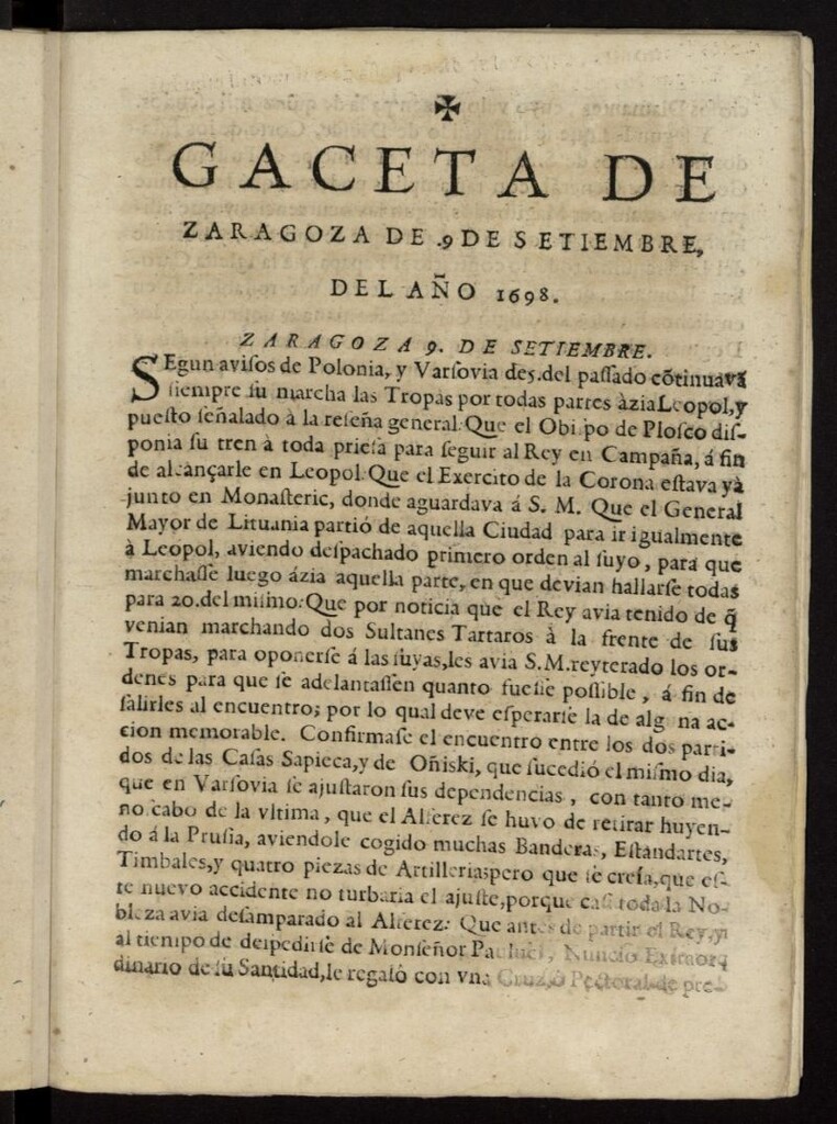 Miniatura de Gazeta de Zaragoza del 9 de septiembre de 1698