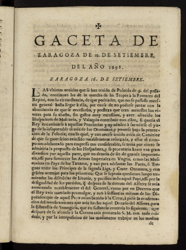 Miniatura de Gazeta de Zaragoza del 16 de septiembre de 1698