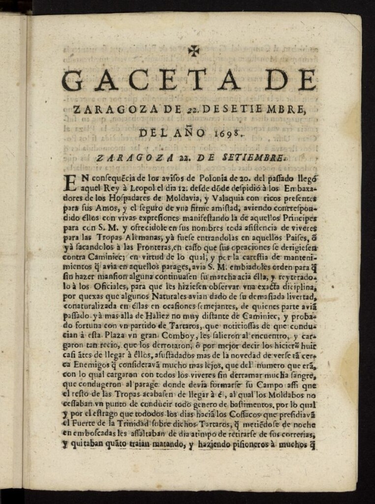 Miniatura de Gazeta de Zaragoza del 22 de septiembre de 1698