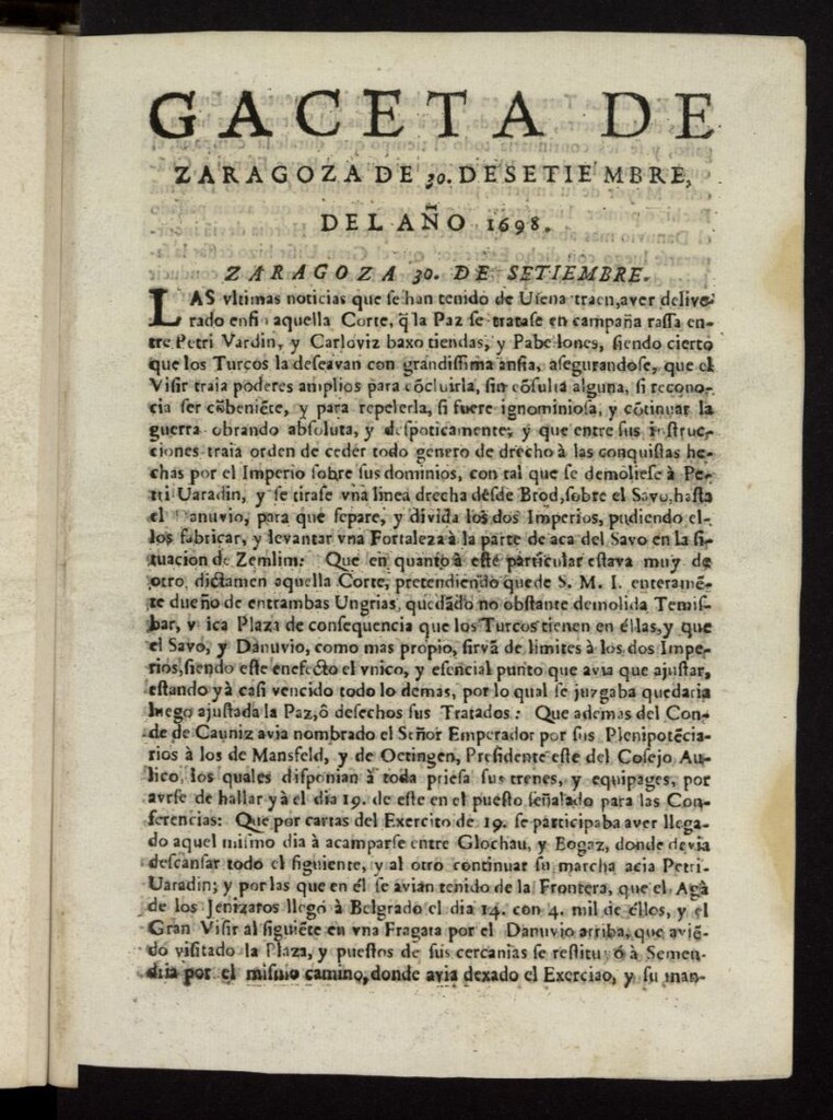 Miniatura de Gazeta de Zaragoza del 30 de septiembre de 1698