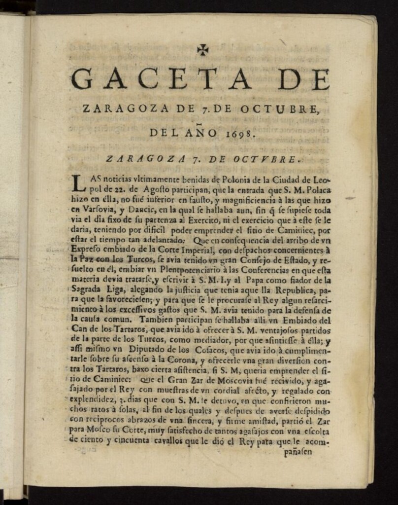 Miniatura de Gazeta de Zaragoza del 7 de octubre de 1698