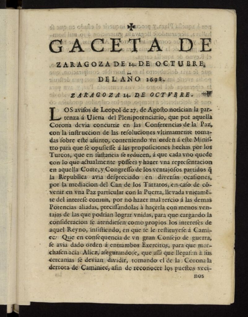 Miniatura de Gazeta de Zaragoza del 14 de octubre de 1698