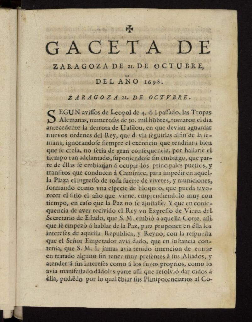 Miniatura de Gazeta de Zaragoza del 21 de octubre de 1698