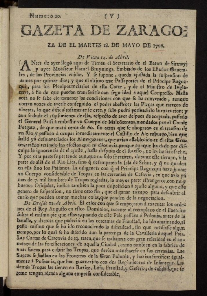 Miniatura de Gazeta de Zaragoza del 18 de mayo de 1706