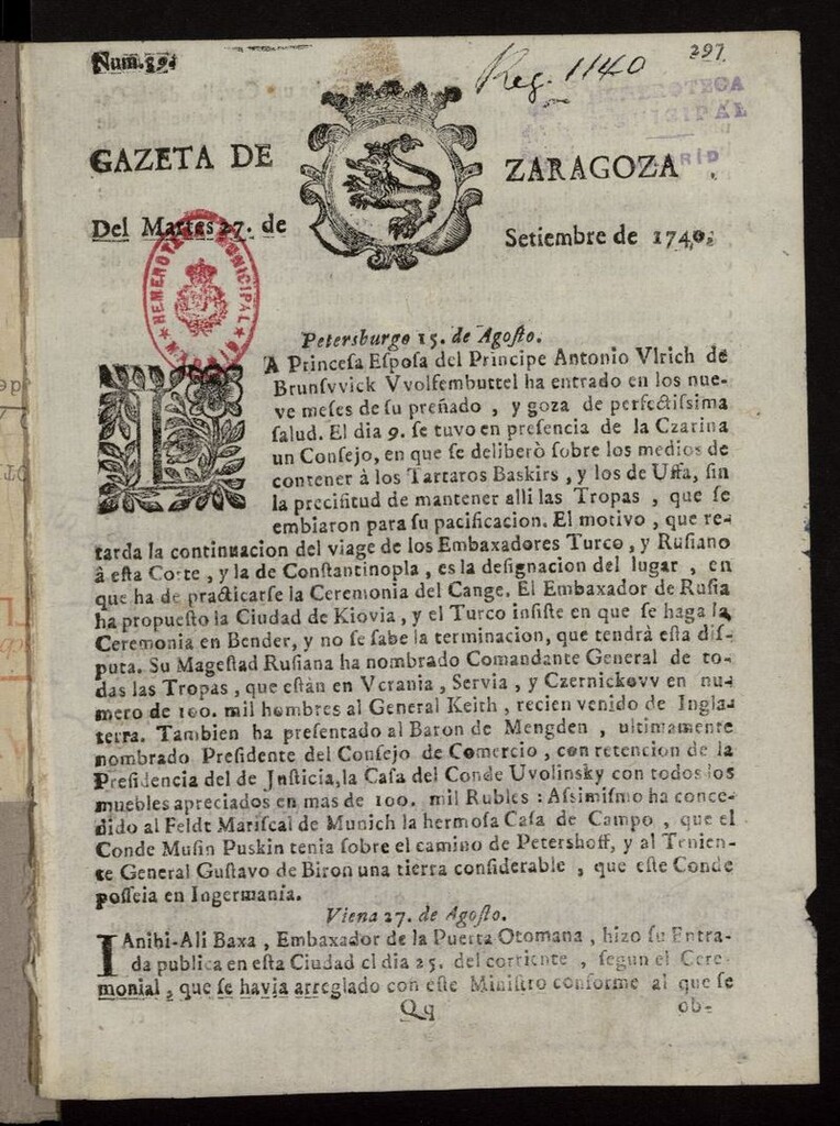 Miniatura de Gazeta de Zaragoza del 27 de septiembre de 1740