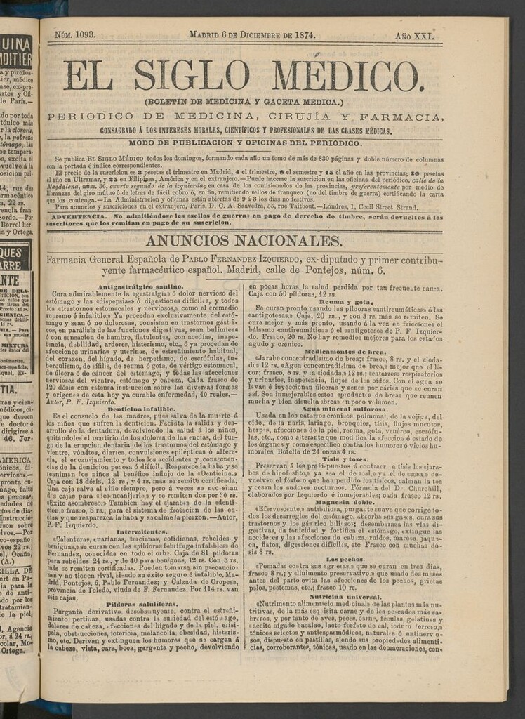 Miniatura de El Siglo Médico: boletín de medicina y gaceta médica del 6 de diciembre de 1874