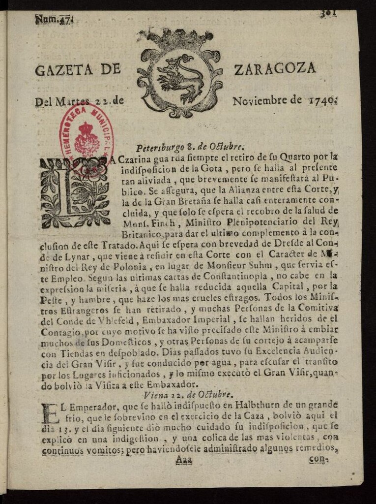 Miniatura de Gazeta de Zaragoza del 22 de noviembre de 1740