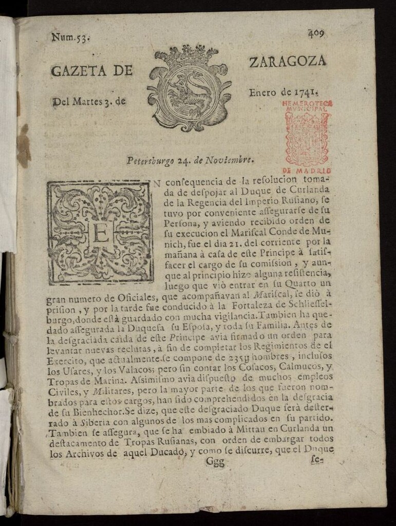 Miniatura de Gazeta de Zaragoza del 3 de enero de 1741