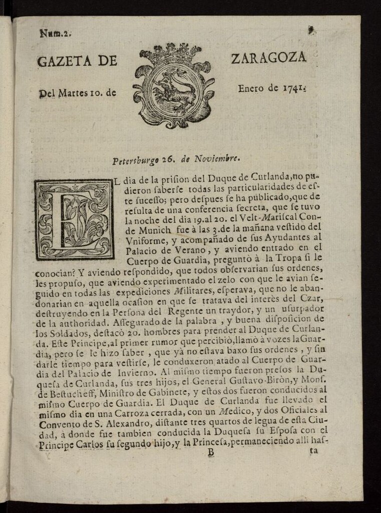Miniatura de Gazeta de Zaragoza del 10 de enero de 1741