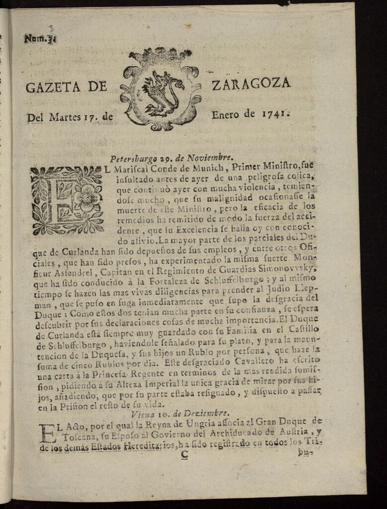 Miniatura de Gazeta de Zaragoza del 17 de enero de 1741