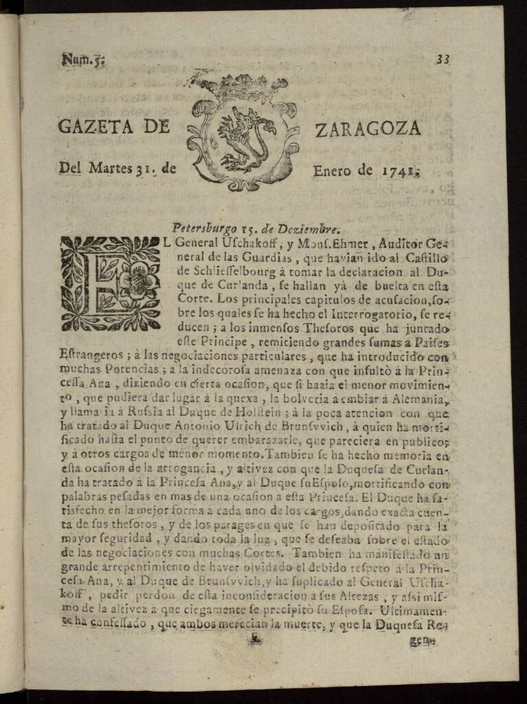 Miniatura de Gazeta de Zaragoza del 31 de enero de 1741