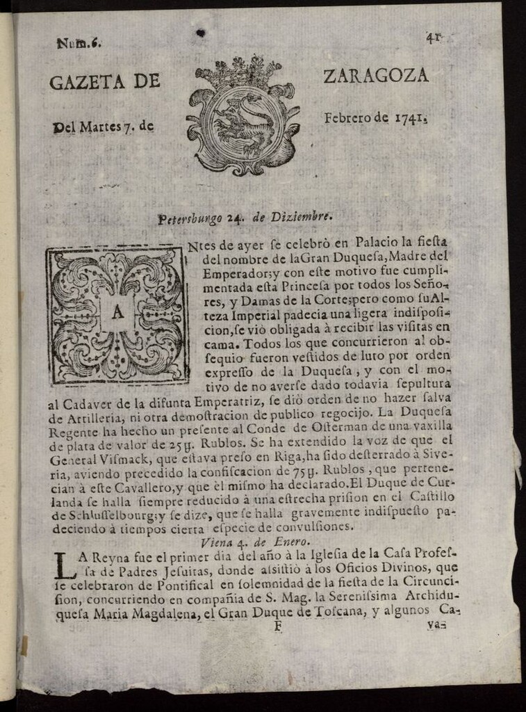 Miniatura de Gazeta de Zaragoza del 7 de febrero de 1741
