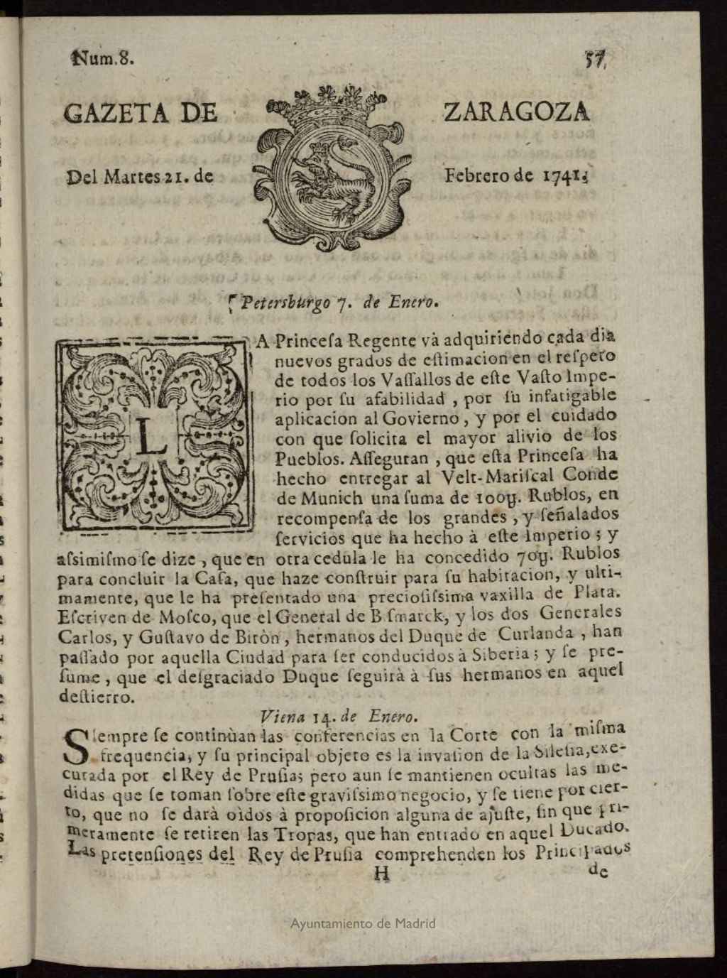 Miniatura de Gazeta de Zaragoza del 21 de febrero de 1741