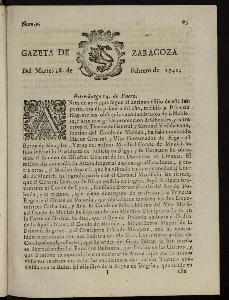Miniatura de Gazeta de Zaragoza del 28 de febrero de 1741