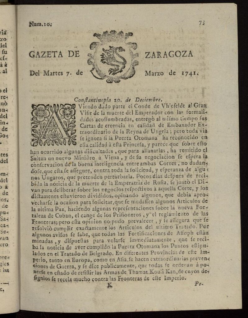 Miniatura de Gazeta de Zaragoza del 7 de marzo de 1741