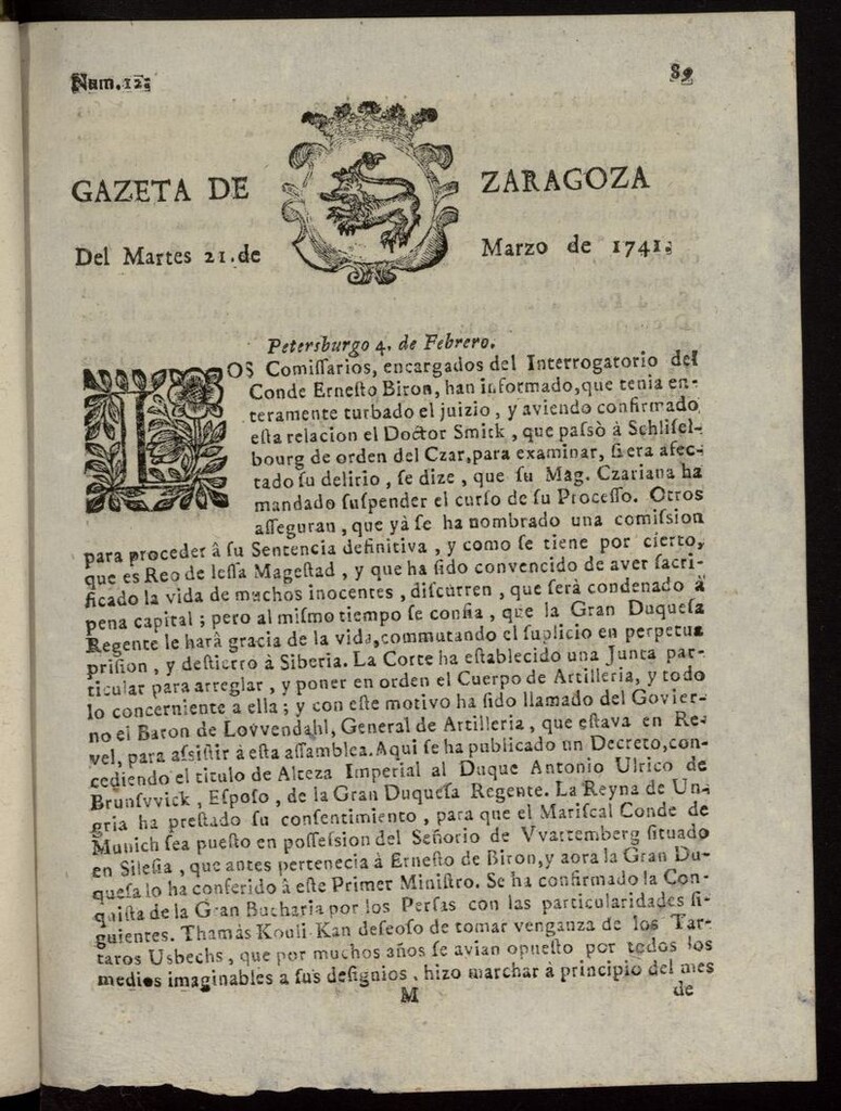 Miniatura de Gazeta de Zaragoza del 21 de marzo de 1741