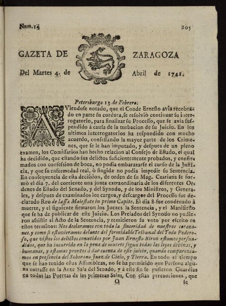 Miniatura de Gazeta de Zaragoza del 4 de abril de 1741
