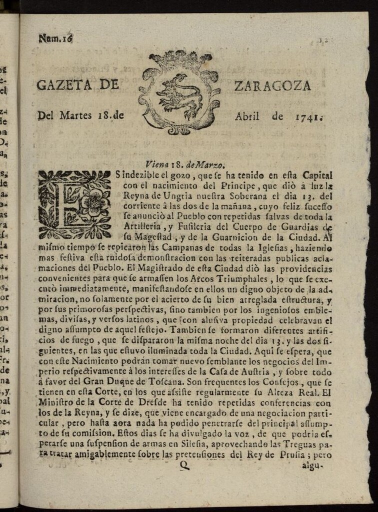 Miniatura de Gazeta de Zaragoza del 18 de abril de 1741