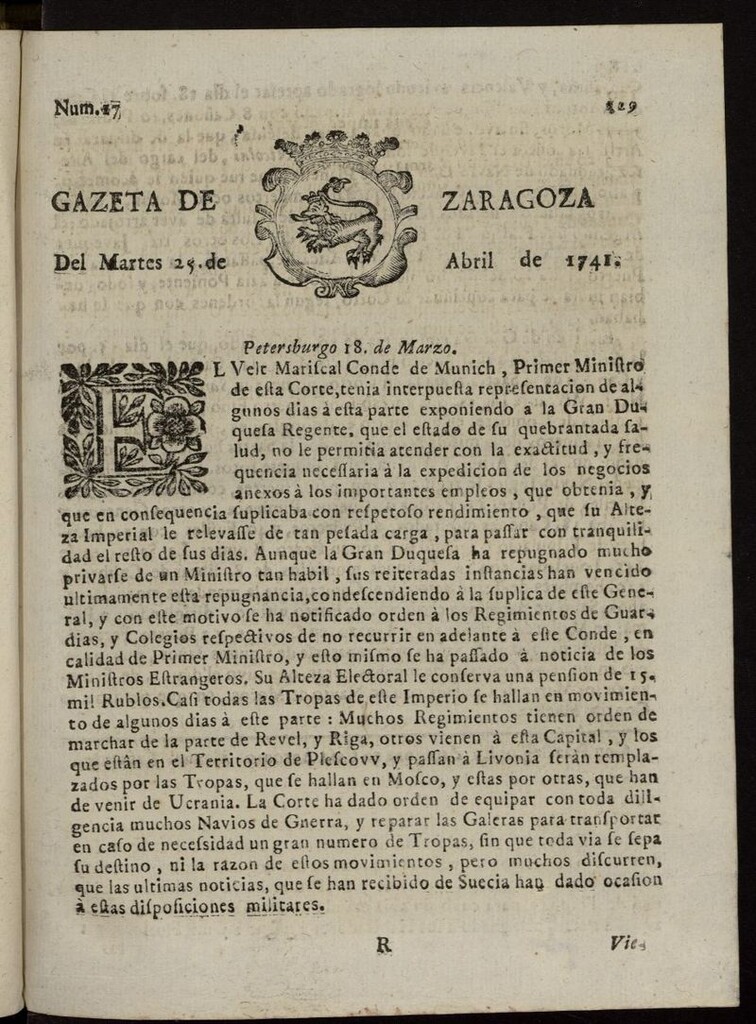 Miniatura de Gazeta de Zaragoza del 25 de abril de 1741