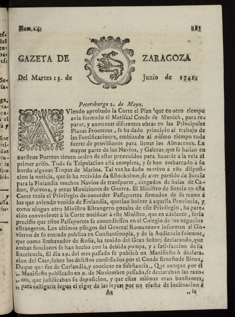 Miniatura de Gazeta de Zaragoza del 13 de junio de 1741