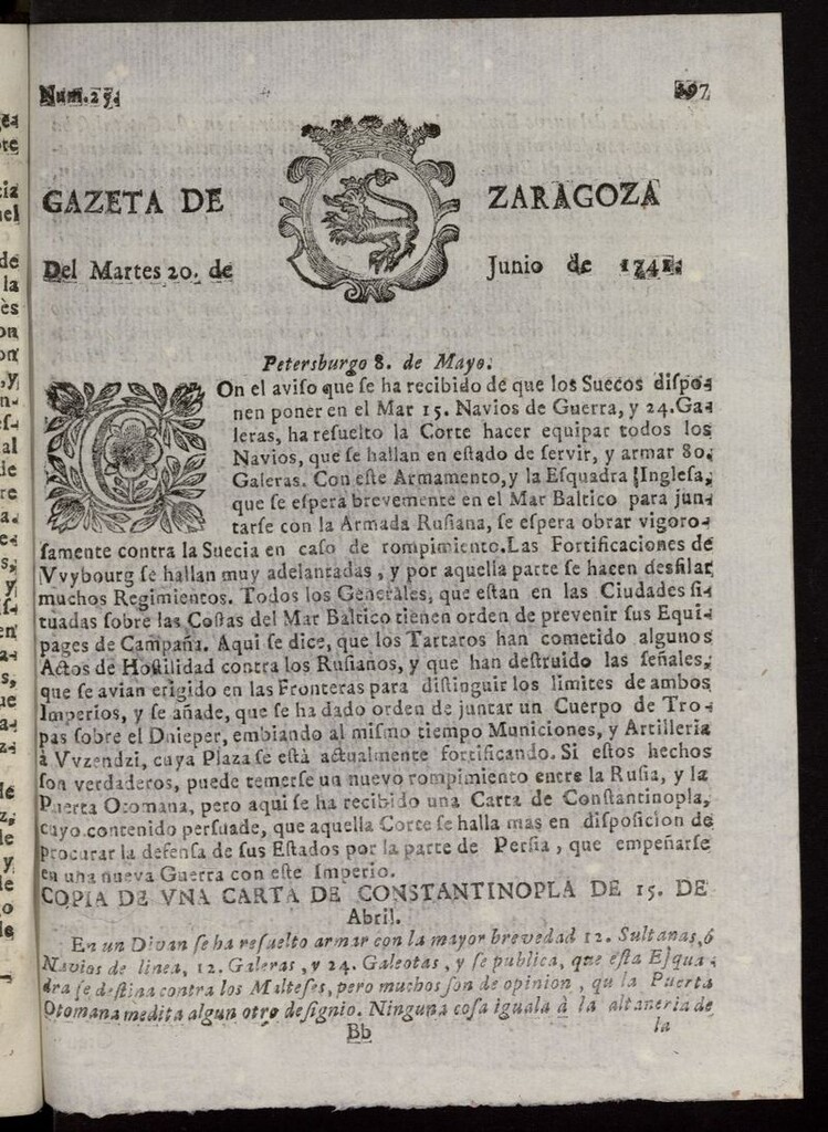 Miniatura de Gazeta de Zaragoza del 20 de junio de 1741