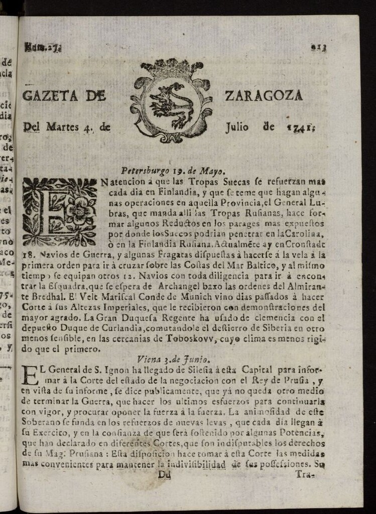 Miniatura de Gazeta de Zaragoza del 4 de julio de 1741