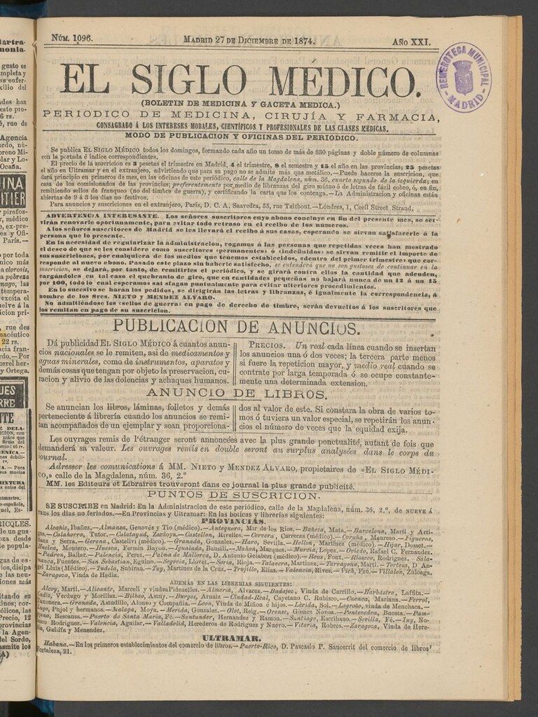 Miniatura de El Siglo Médico: boletín de medicina y gaceta médica del 27 de diciembre de 1874
