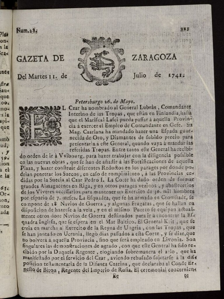 Miniatura de Gazeta de Zaragoza del 11 de julio de 1741