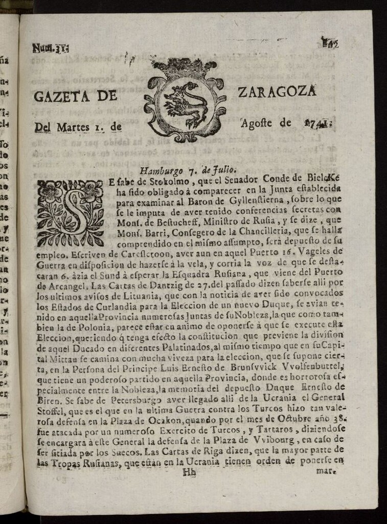 Miniatura de Gazeta de Zaragoza del 1 de agosto de 1741