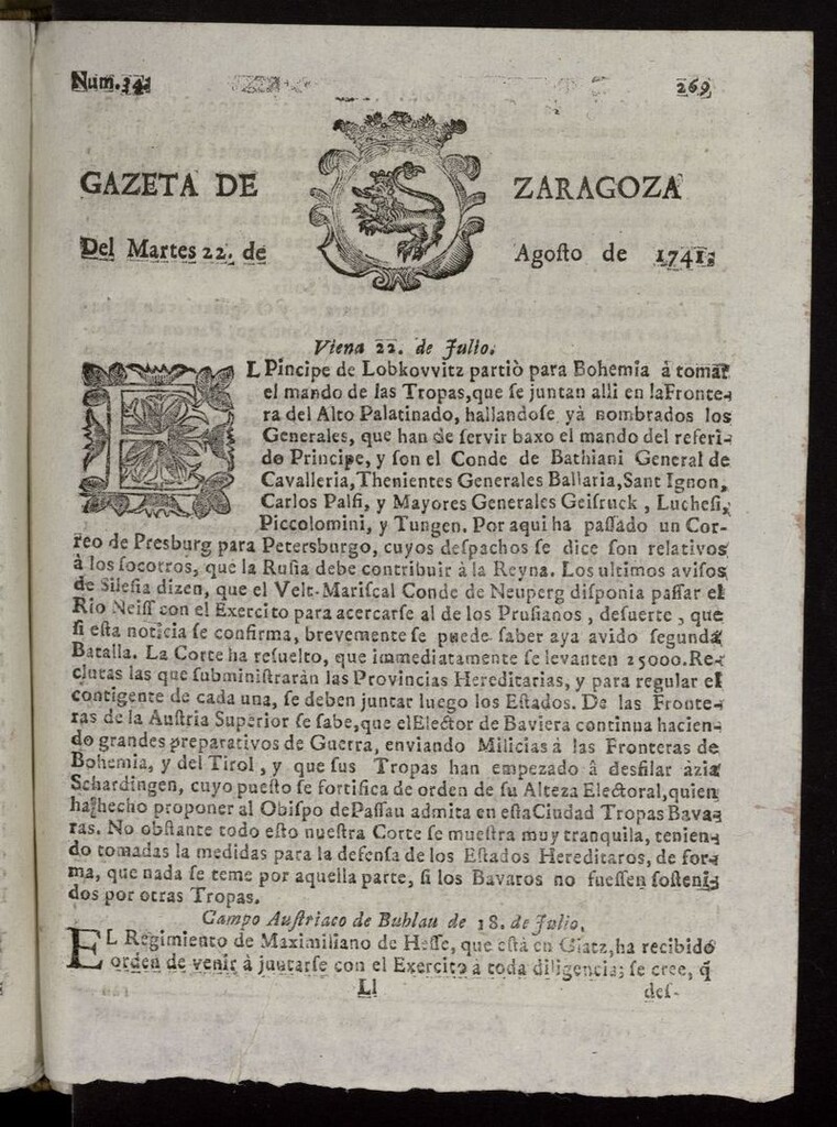 Miniatura de Gazeta de Zaragoza del 22 de agosto de 1741