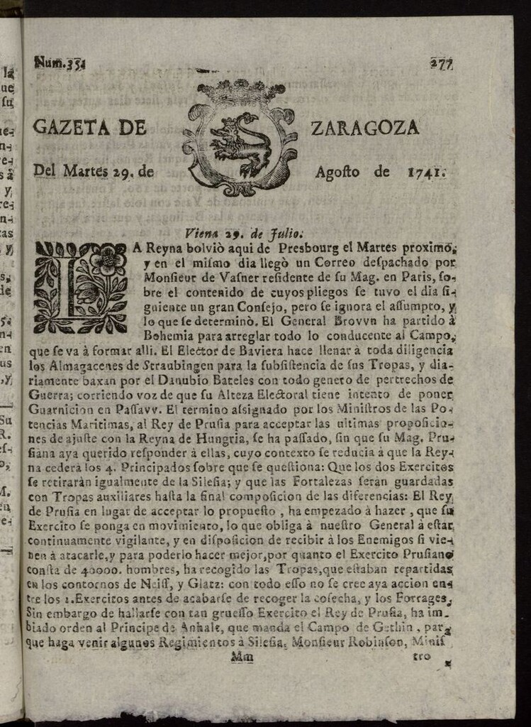 Miniatura de Gazeta de Zaragoza del 29 de agosto de 1741
