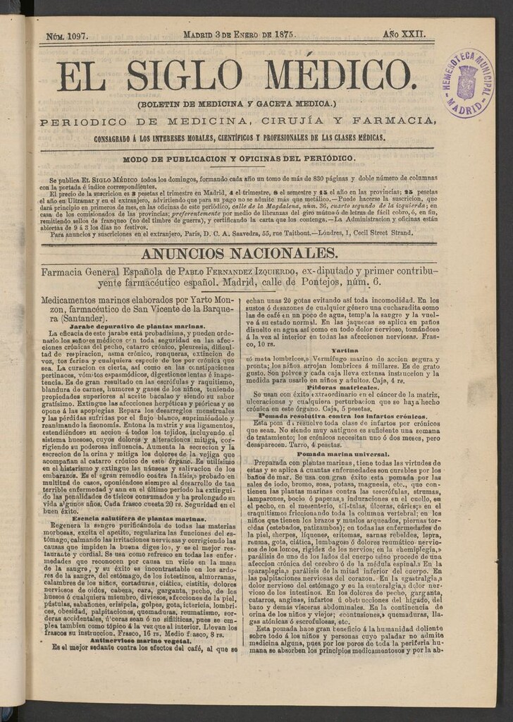 Miniatura de El Siglo Médico: boletín de medicina y gaceta médica del 3 de enero de 1875