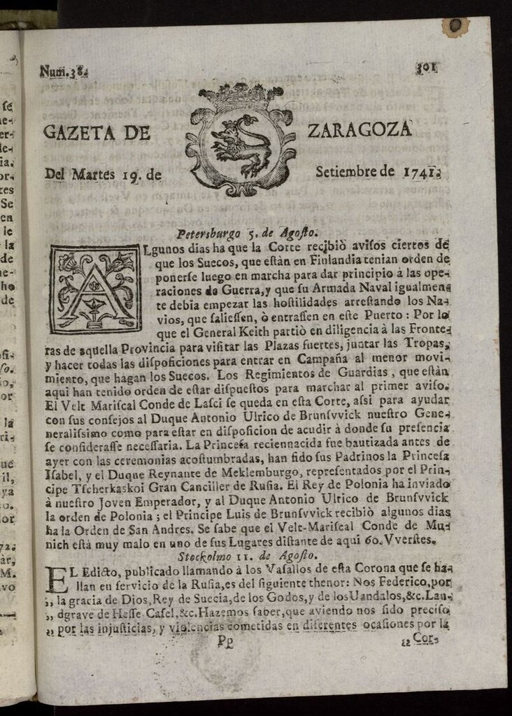 Miniatura de Gazeta de Zaragoza del 19 de septiembre de 1741