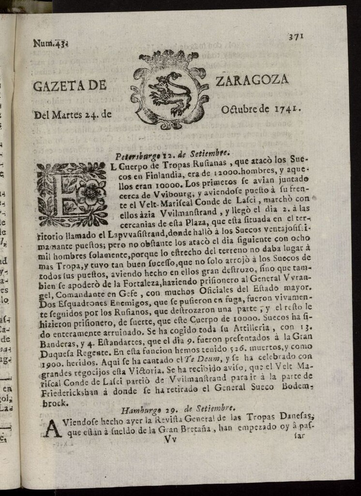 Miniatura de Gazeta de Zaragoza del 24 de octubre de 1741