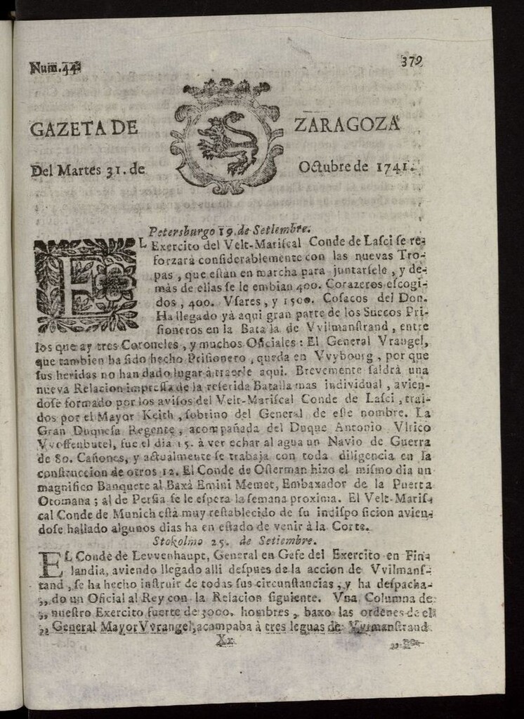 Miniatura de Gazeta de Zaragoza del 31 de octubre de 1741
