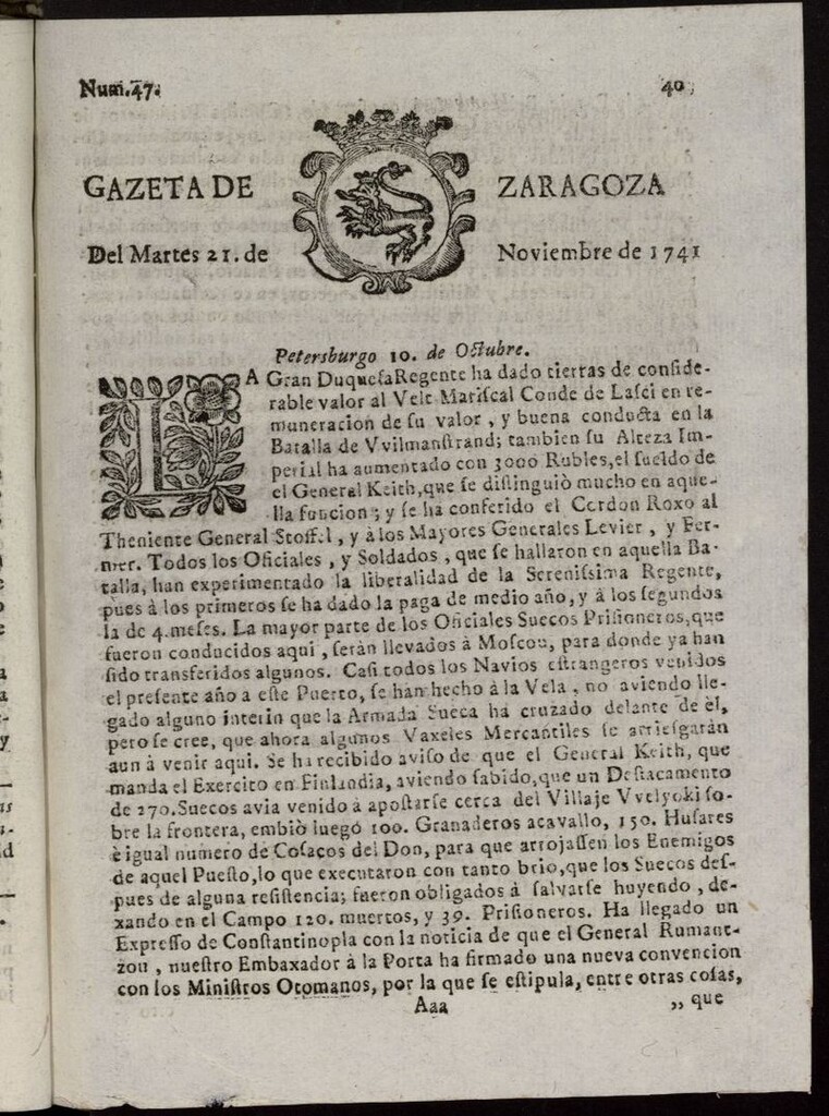 Miniatura de Gazeta de Zaragoza del 21 de noviembre de 1741