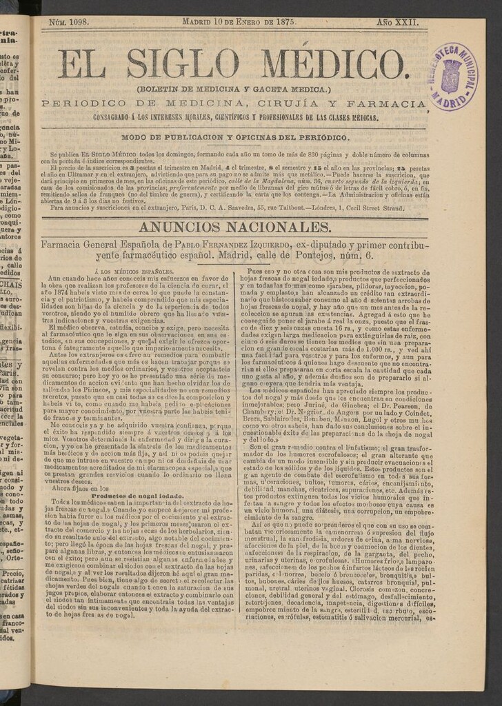 Miniatura de El Siglo Médico: boletín de medicina y gaceta médica del 10 de enero de 1875
