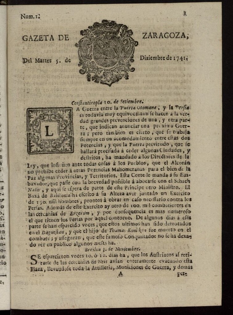 Miniatura de Gazeta de Zaragoza del 5 de diciembre de 1741