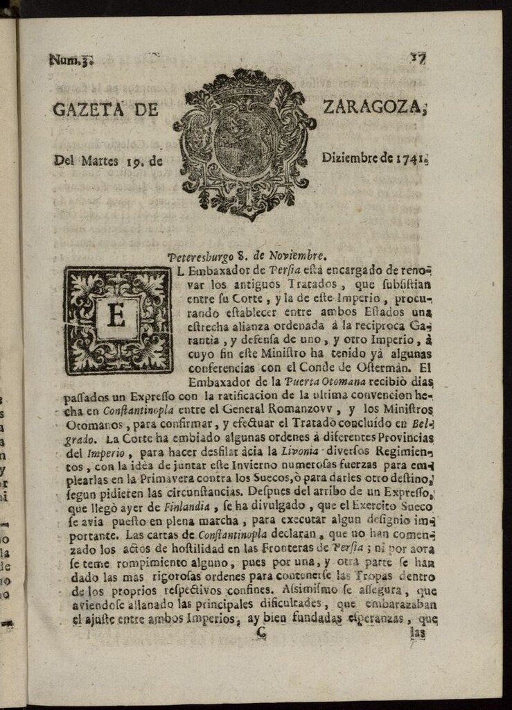 Miniatura de Gazeta de Zaragoza del 19 de diciembre de 1741