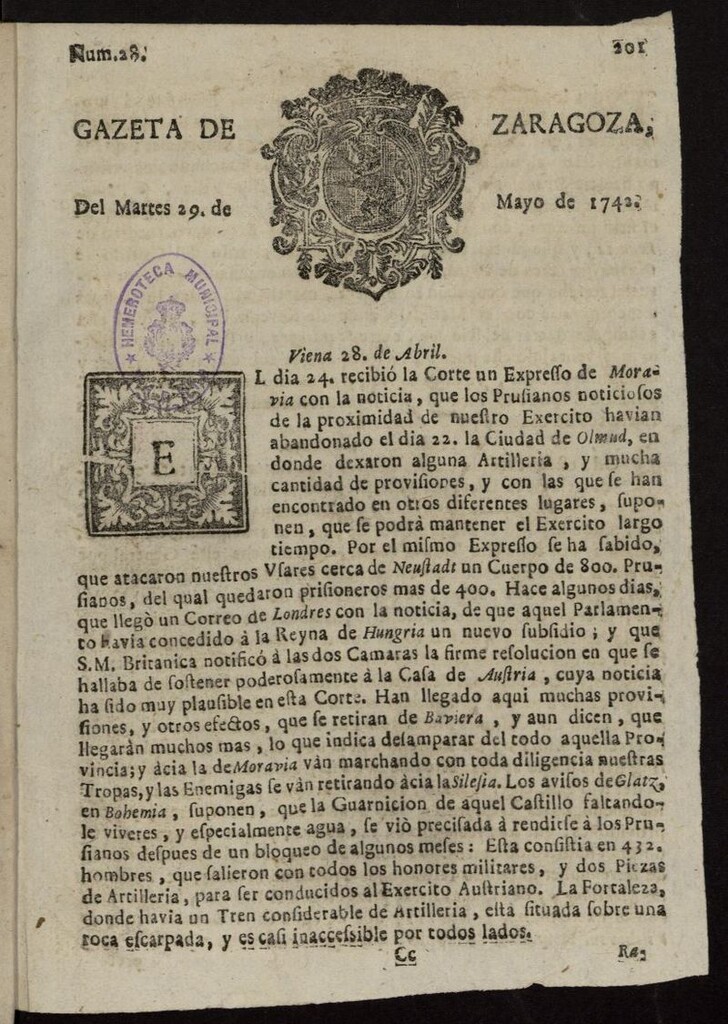 Miniatura de Gazeta de Zaragoza del 29 de mayo de 1742