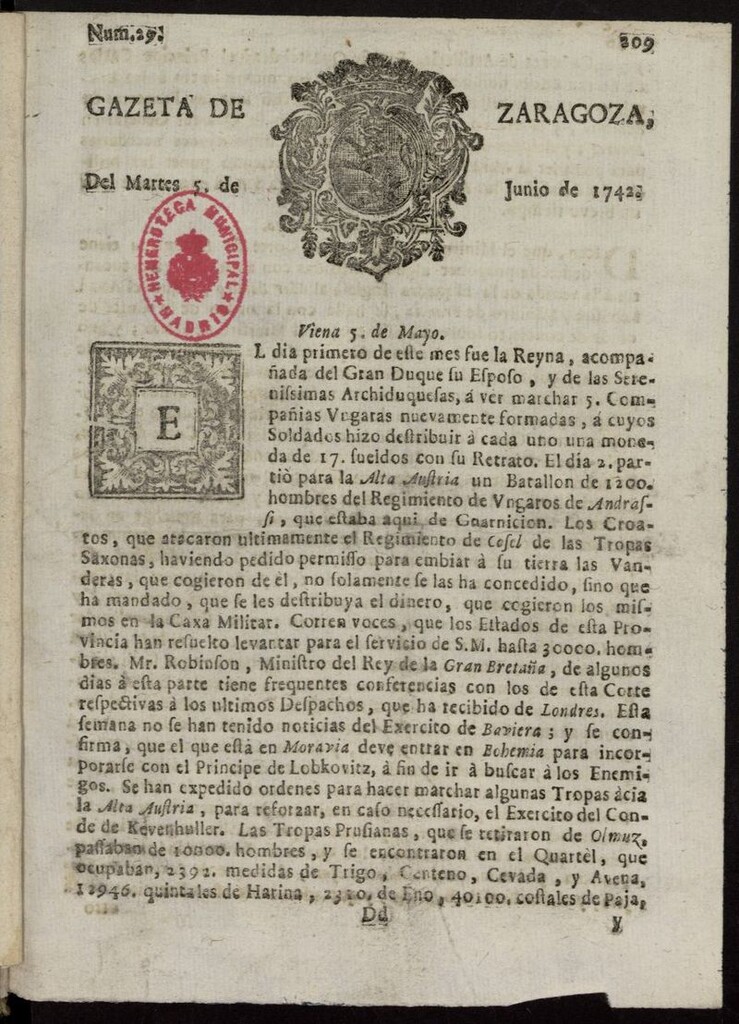 Miniatura de Gazeta de Zaragoza del 5 de junio de 1742
