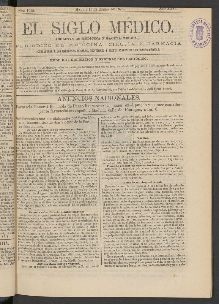 Miniatura de El Siglo Médico: boletín de medicina y gaceta médica del 17 de enero de 1875