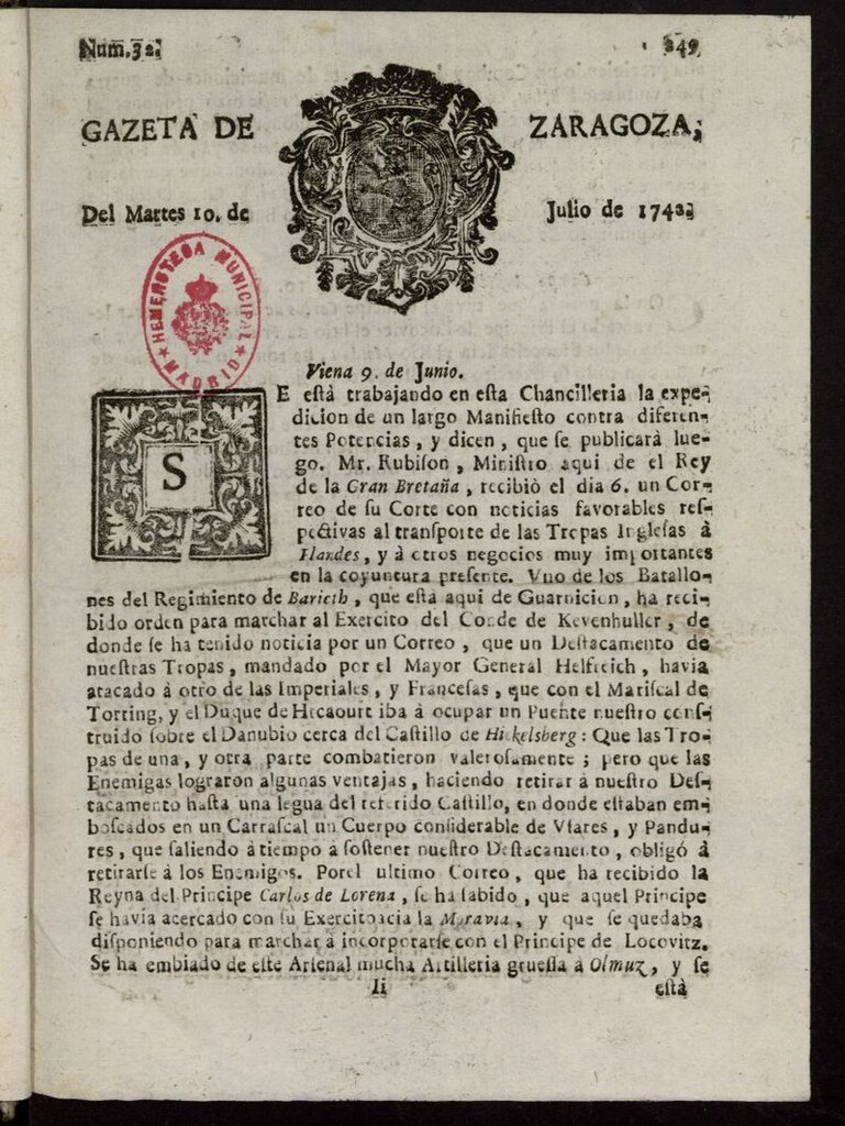 Miniatura de Gazeta de Zaragoza del 10 de julio de 1742