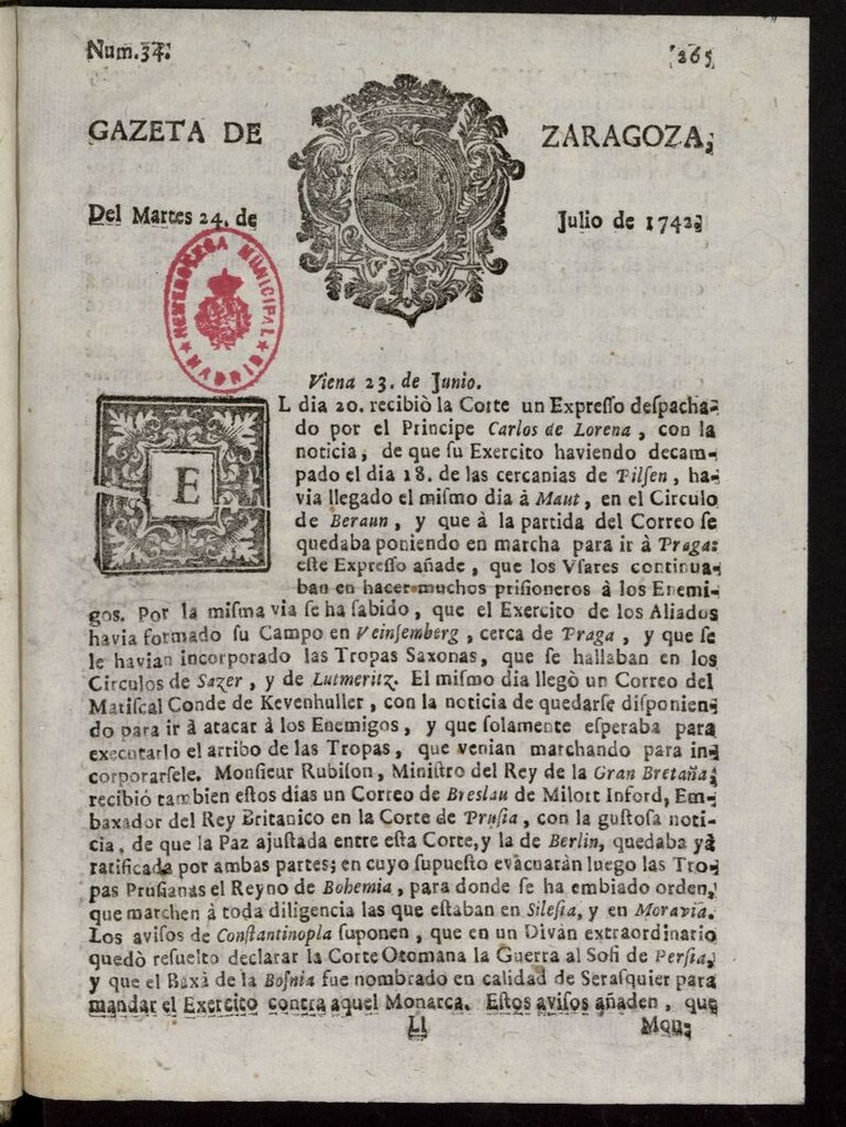 Miniatura de Gazeta de Zaragoza del 24 de julio de 1742
