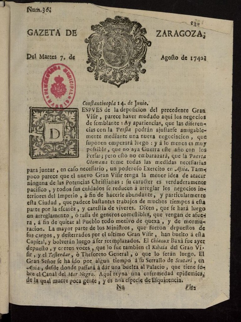 Miniatura de Gazeta de Zaragoza del 7 de agosto de 1742
